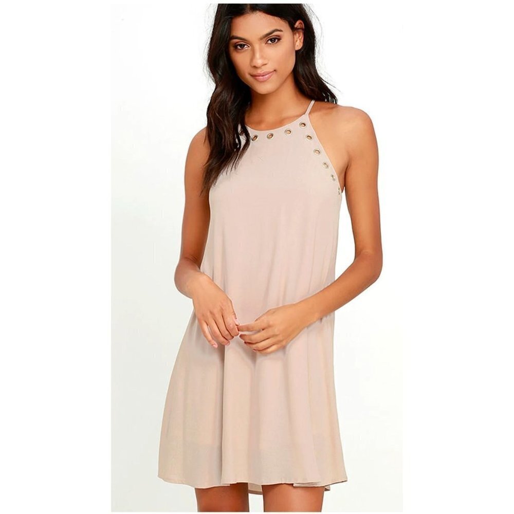 Lulus Swing Dress Womens M Beige Sleeveless High Neck Boho Minimalist Y2K Casual